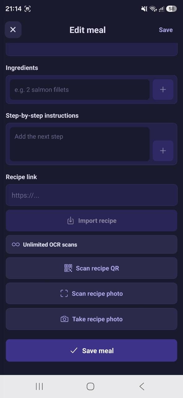 Meal Planner edit recipe screen ready for ingredients, instructions and recipe scanning